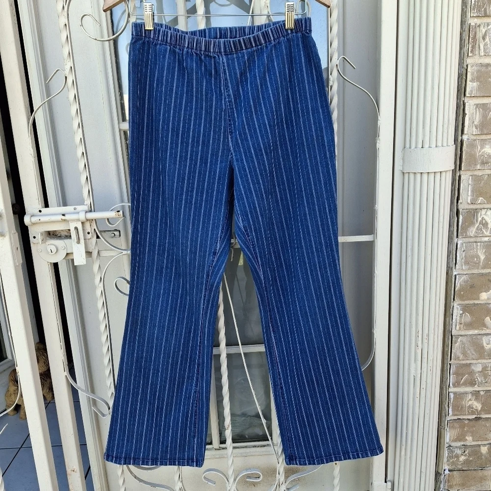 MetroStyle Blue & White Pinstripe Pull-On Comfy Cotton Pants  Women Size Large